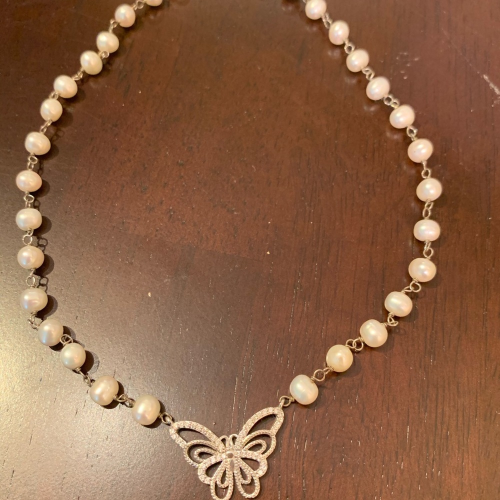 Fresh Water Pearl Necklace with CZ Pave Butterfly